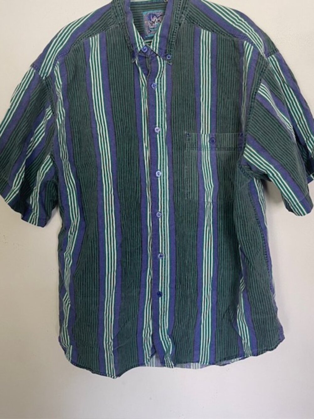 VTG 80’s 90’s SANTANA Men’s XL Blue Green Striped Button Down Short Sleeve T2